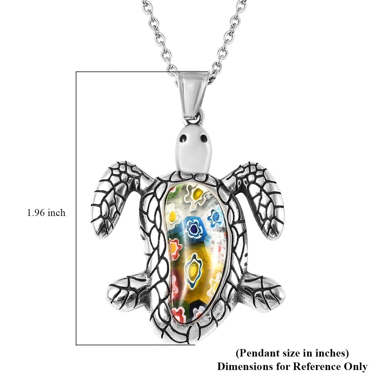 Multi Color Murano Style Turtle Pendant Necklace 20 Inches in Black Oxidized Stainless Steel image number 5