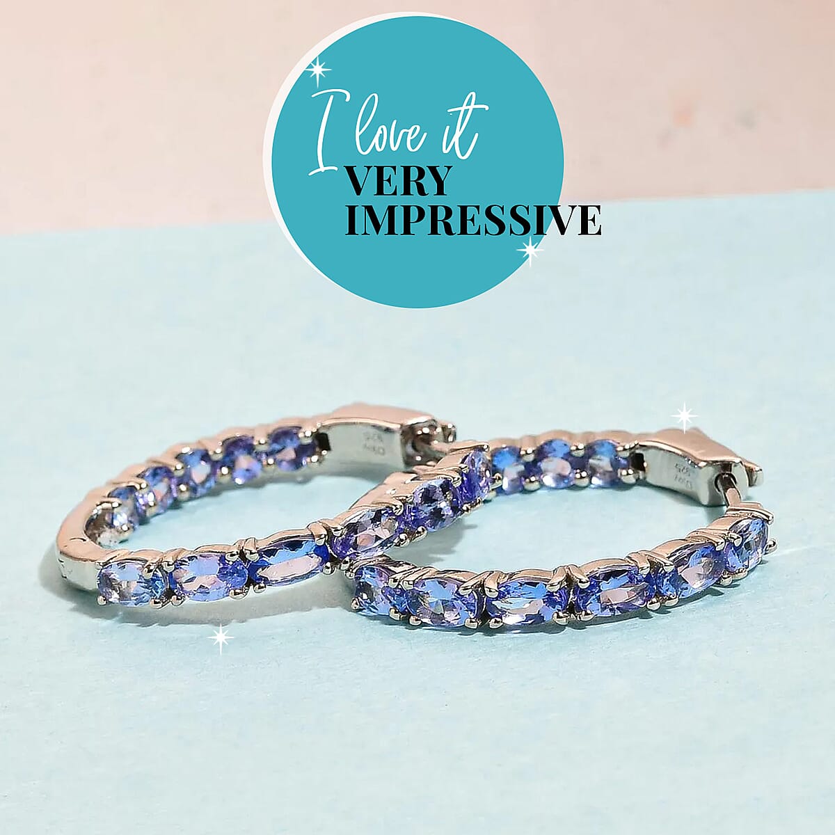 Tanzanite Hoop Earrings in Sterling Silver, Inside Out Hoops, Silver Tanzanite Hoops 3.75 ctw image number 1