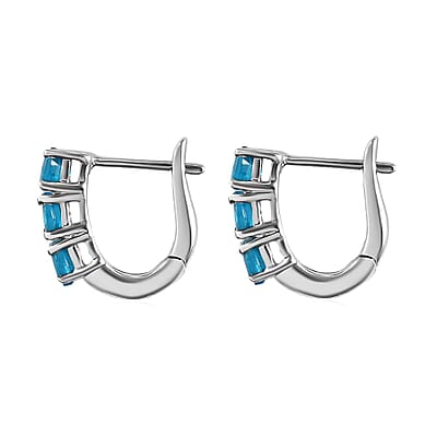 D'Joy Malgache Neon Apatite Huggie Hoop Earrings, Apatite Three Stone Earrings, Platinum Over Sterling Silver Earrings, Gifts For Her 1.10 ctw