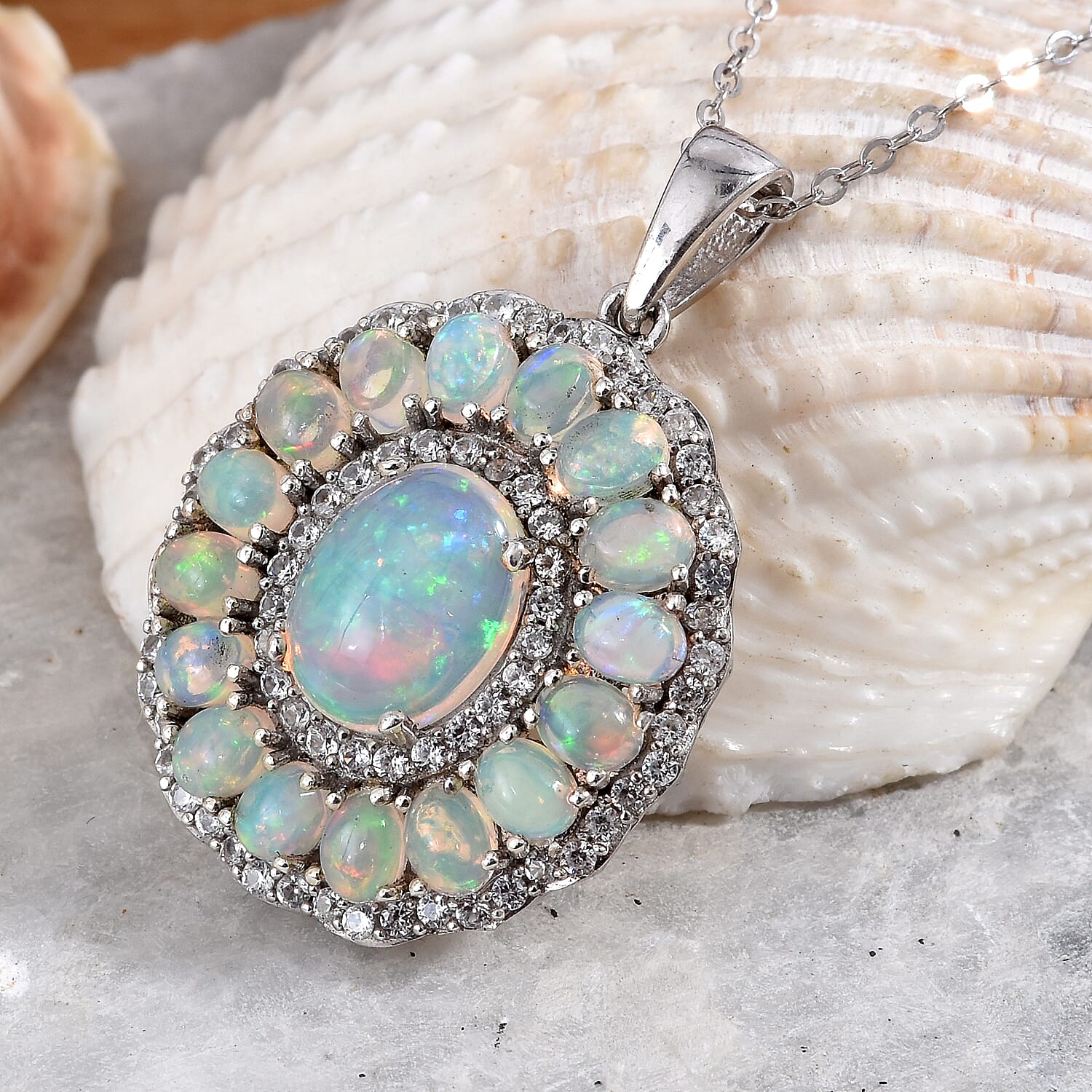 Ethiopian Welo Opal, Cambodian Zircon Pendant Necklace (20 in) in Platinum Over Sterling Silver 4.25 ctw