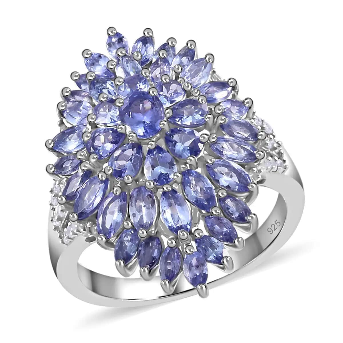 Tanzanite and White Zircon 5.25 ctw Elongated Cluster Ring in Platinum Over Sterling Silver, Flower Engagement Rings (Size 10.0) image number 0