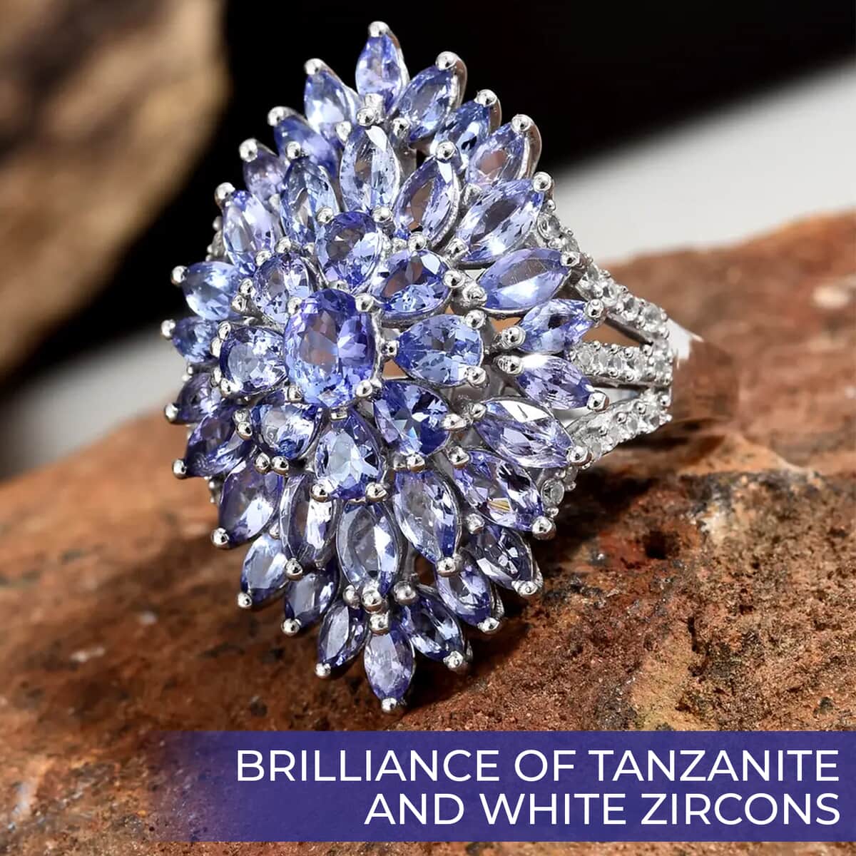 Tanzanite, Natural White Zircon Elongated Cluster Ring in Platinum Over Sterling Silver,Flower Engagement Rings 5.25 ctw (Size 10.0) image number 1
