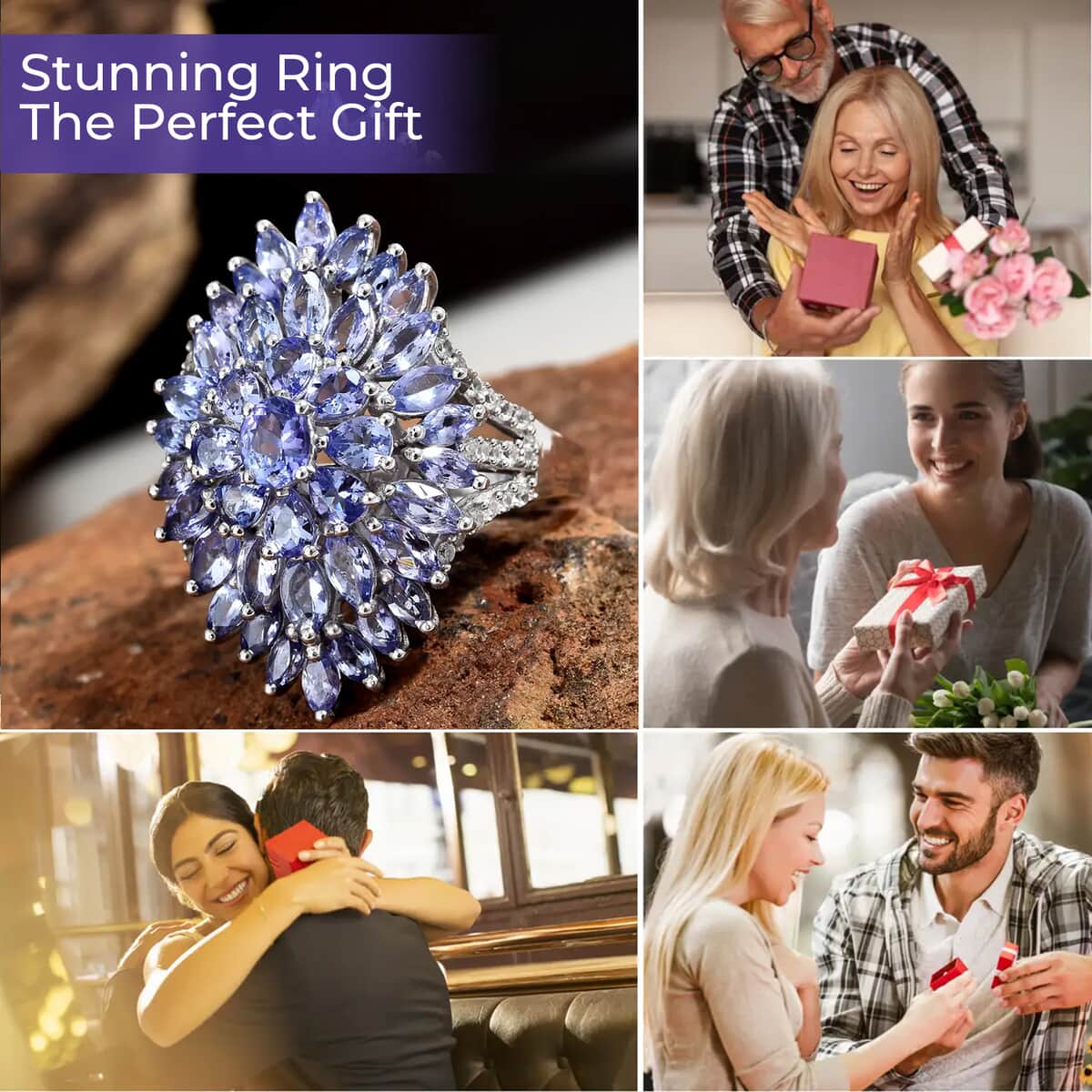 Tanzanite and White Zircon 5.25 ctw Elongated Cluster Ring in Platinum Over Sterling Silver, Flower Engagement Rings (Size 10.0) image number 3