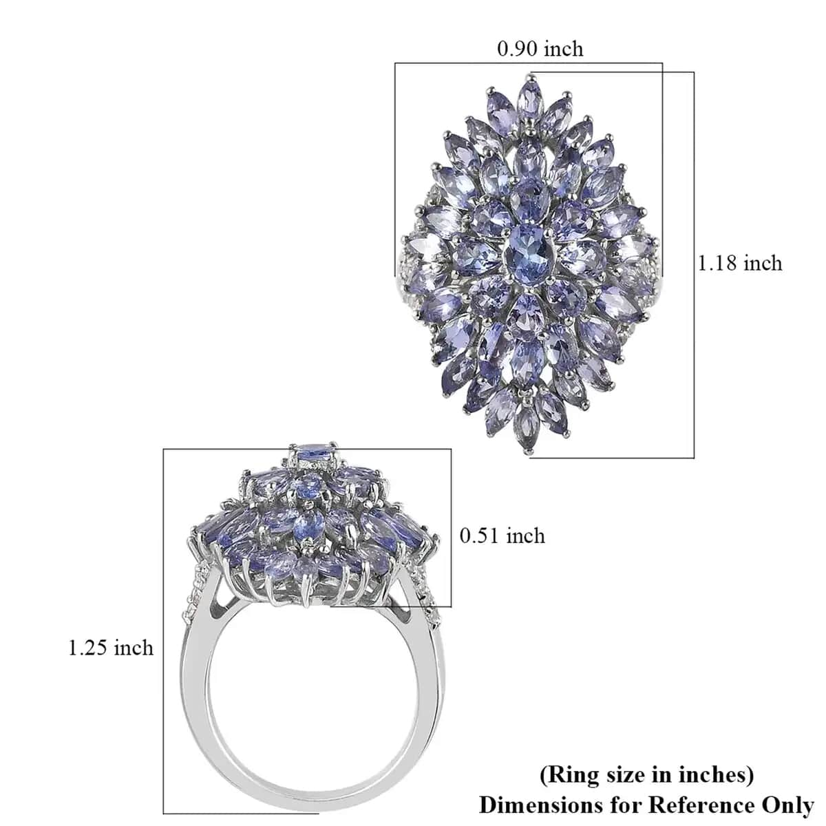 Tanzanite, Natural White Zircon Elongated Cluster Ring in Platinum Over Sterling Silver,Flower Engagement Rings 5.25 ctw (Size 10.0) image number 6