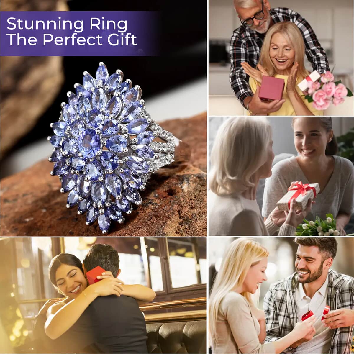 Tanzanite and White Zircon 5.25 ctw Elongated Cluster Ring in Platinum Over Sterling Silver, Flower Engagement Rings (Size 11.0) image number 3