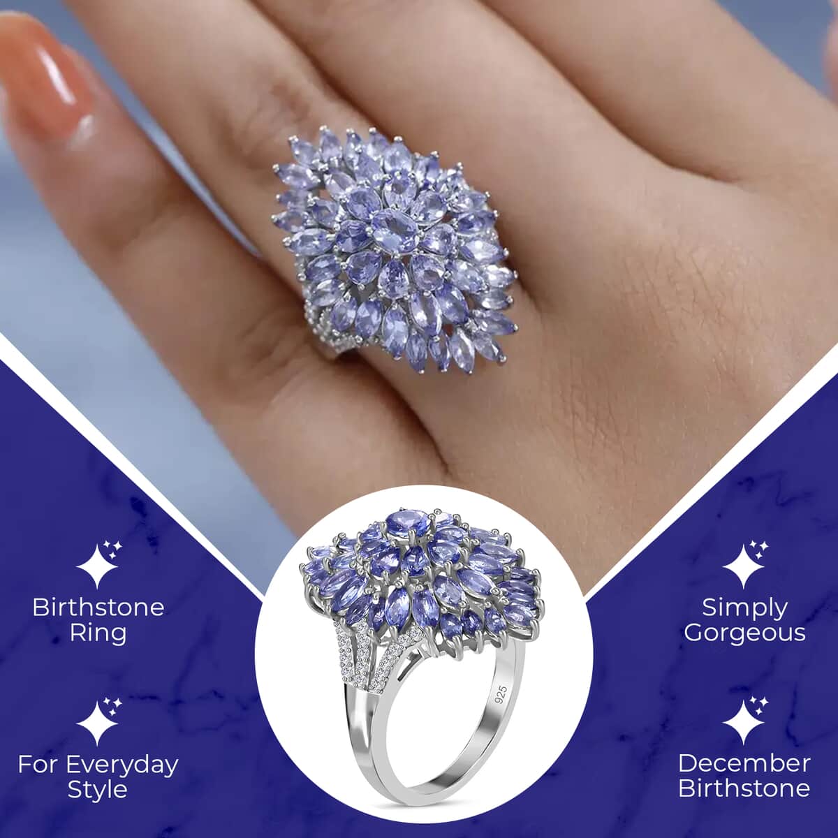 Tanzanite and White Zircon 5.25 ctw Elongated Cluster Ring in Platinum Over Sterling Silver, Flower Engagement Rings (Size 5.0) image number 2