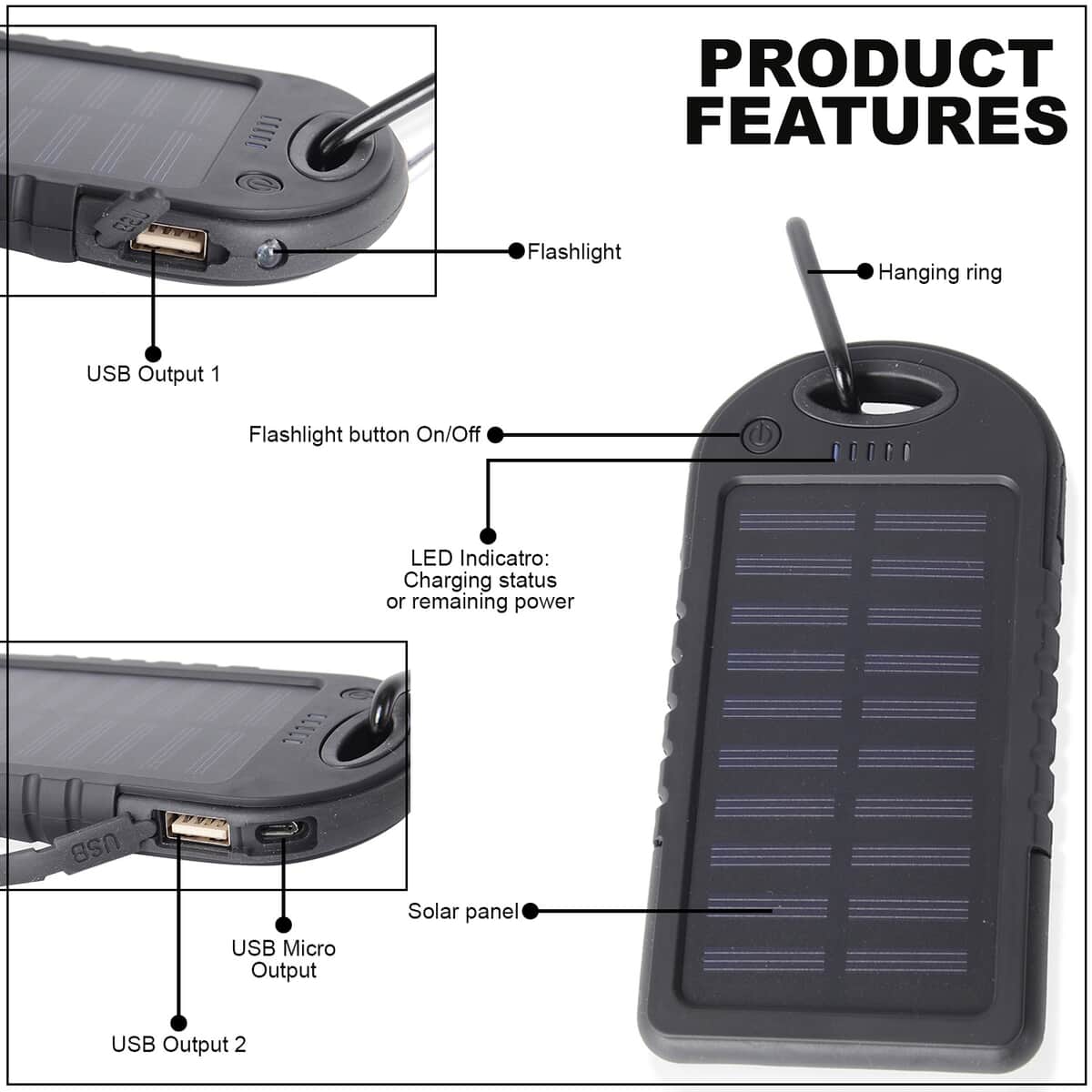 Homesmart Black Carabiner Solar 5000 mAh Battery Charger with USB & Emergency LED Torch image number 2