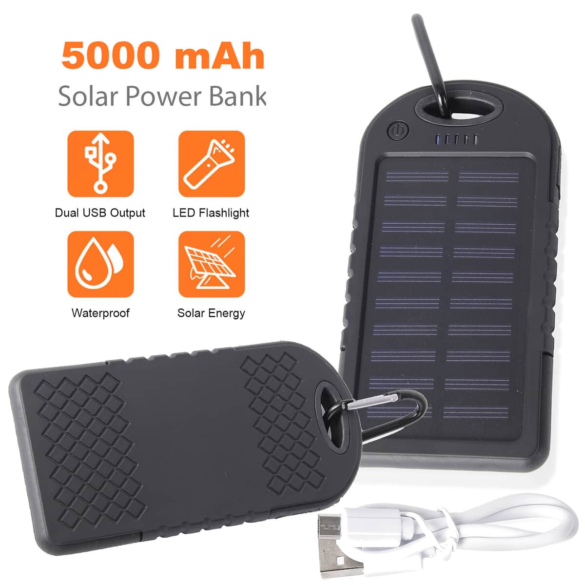 Homesmart Black Carabiner Solar 5000 mAh Battery Charger with USB & Emergency LED Torch image number 3
