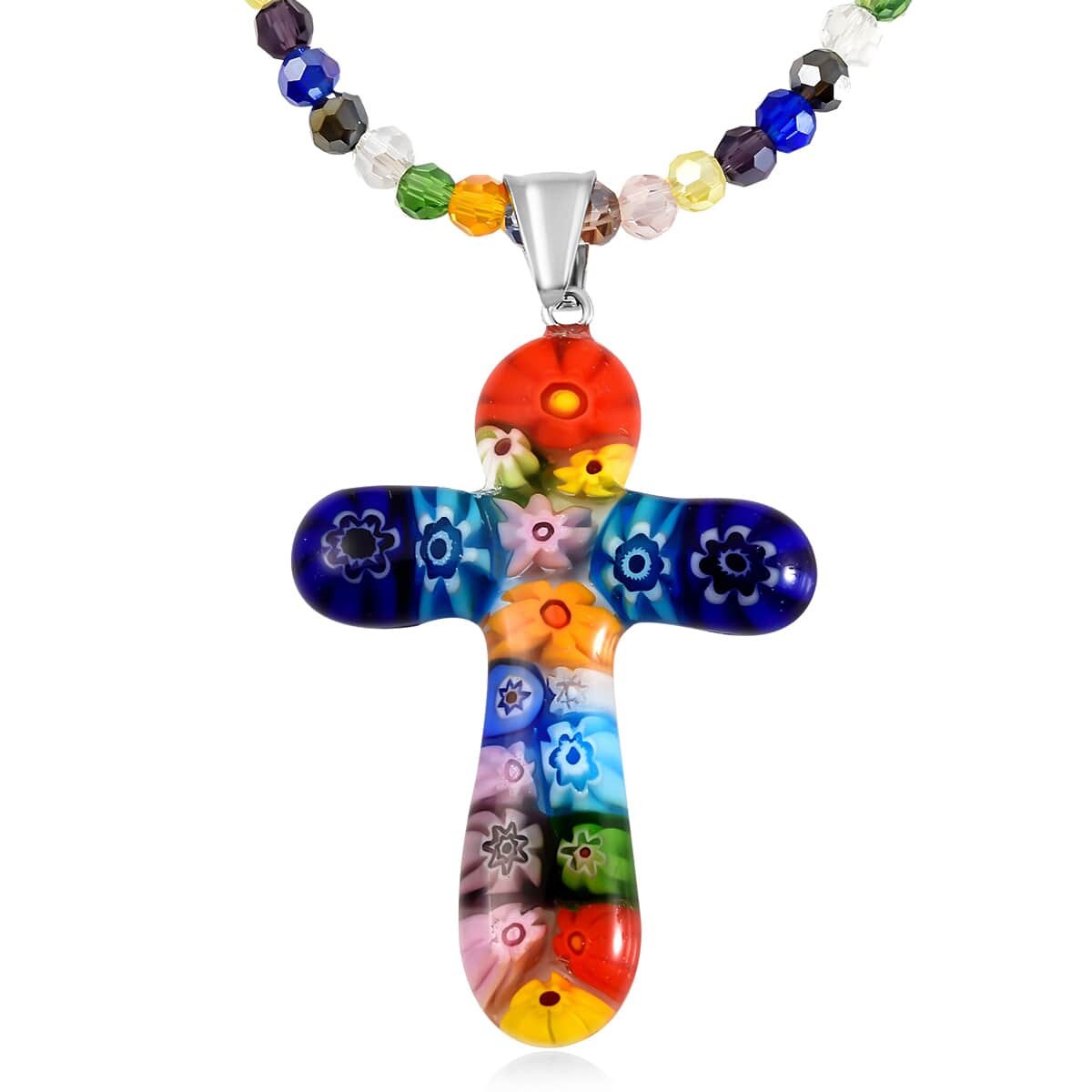Multi Color Murano Style Cross Pendant Beaded Necklace 20 Inches in Stainless Steel, Floral Millefiori Pendant Necklace, Sweatproof Hypoallergenic Necklace, Gift For Her image number 0