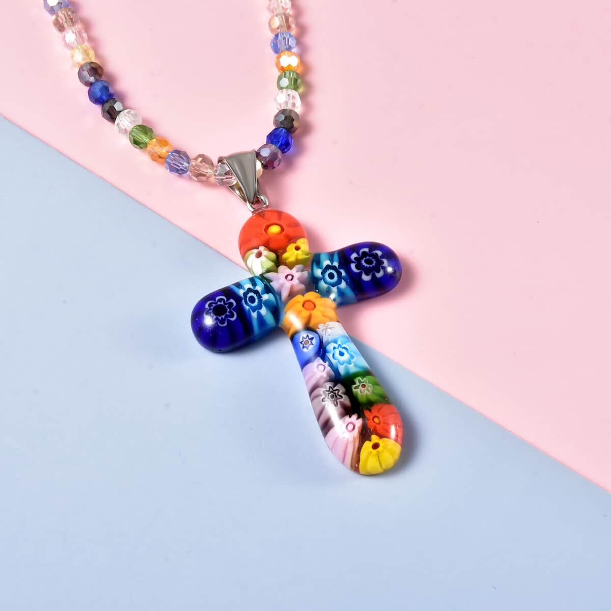 Multi Color Murano Style Cross Pendant Beaded Necklace 20 Inches in Stainless Steel, Floral Millefiori Pendant Necklace, Sweatproof Hypoallergenic Necklace, Gift For Her image number 1