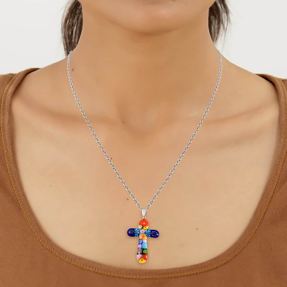 Multi Color Murano Style Cross Pendant Beaded Necklace 20 Inches in Stainless Steel, Floral Millefiori Pendant Necklace, Sweatproof Hypoallergenic Necklace, Gift For Her image number 2