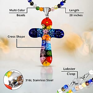 Multi Color Murano Style Cross Pendant Beaded Necklace in Stainless Steel 20 Inches