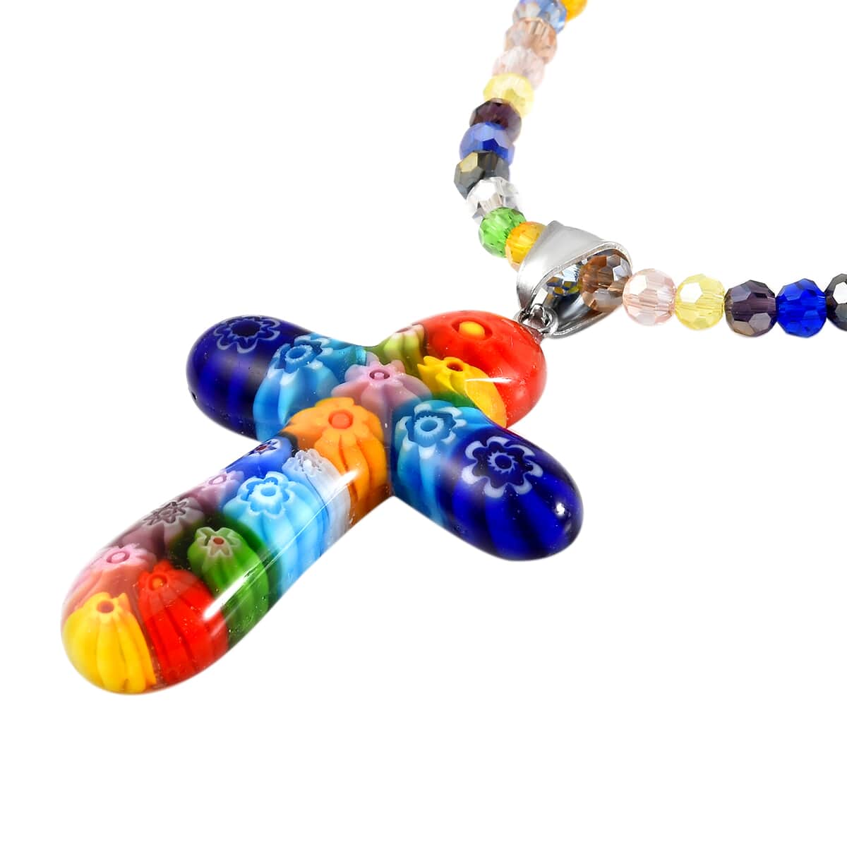Multi Color Murano Style Cross Pendant Beaded Necklace 20 Inches in Stainless Steel, Floral Millefiori Pendant Necklace, Sweatproof Hypoallergenic Necklace, Gift For Her image number 3