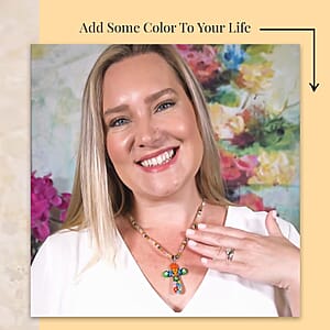 Multi Color Murano Style Cross Pendant Beaded Necklace in Stainless Steel 20 Inches