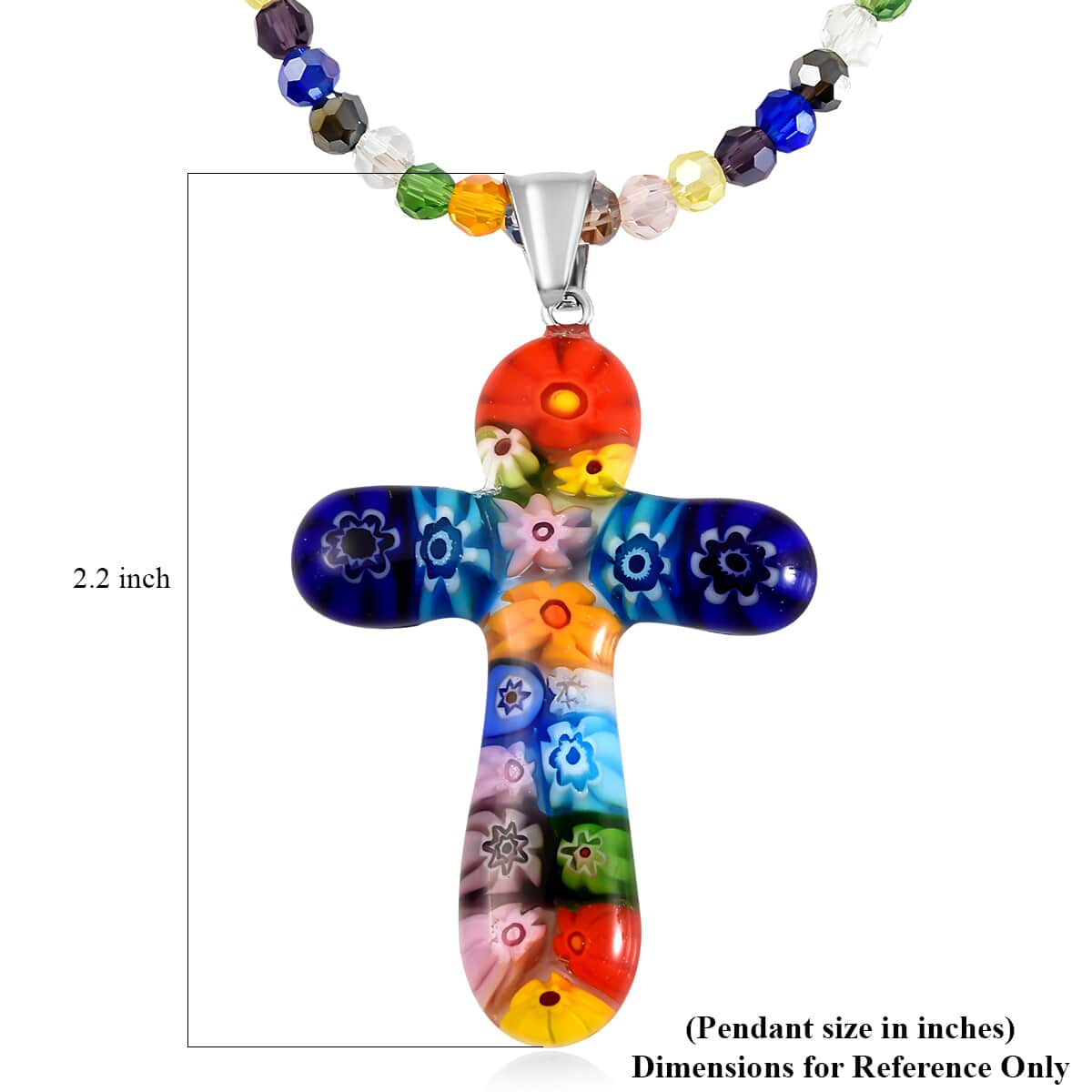 Multi Color Murano Style Cross Pendant Beaded Necklace 20 Inches in Stainless Steel, Floral Millefiori Pendant Necklace, Sweatproof Hypoallergenic Necklace, Gift For Her image number 5