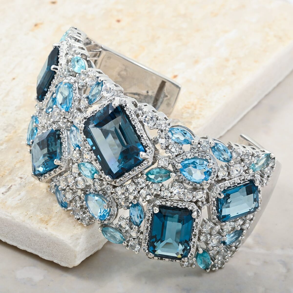 STS Closeout London Blue Topaz and Multi Gemstone 62.95 ctw Cuff Bracelet in Platinum Over Sterling Silver 6.75 Inch image number 1