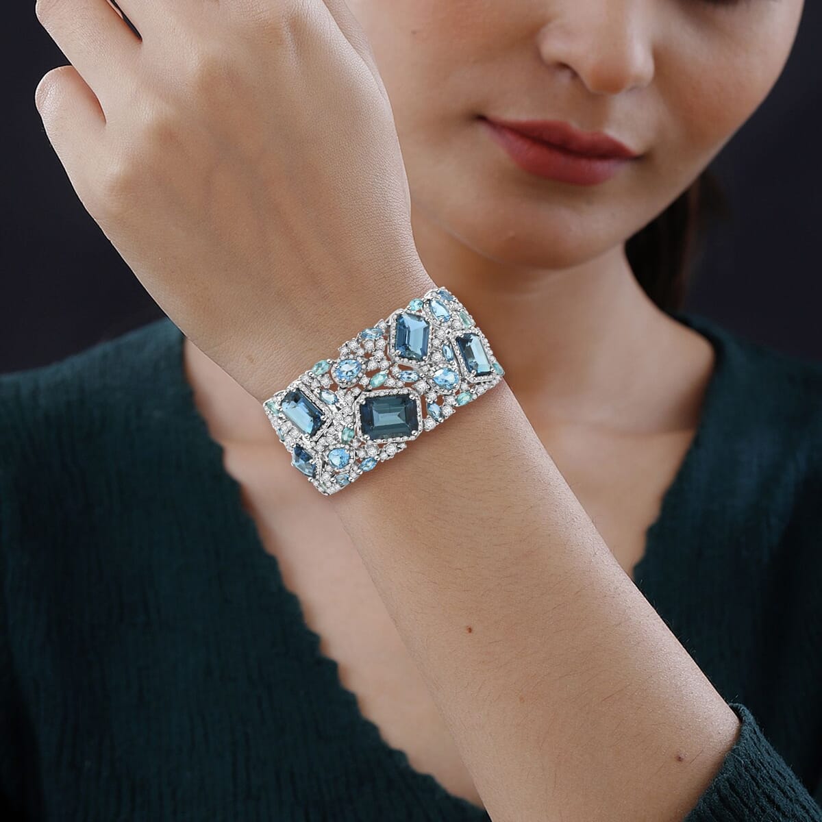 STS Closeout London Blue Topaz and Multi Gemstone 62.95 ctw Cuff Bracelet in Platinum Over Sterling Silver 6.75 Inch image number 2