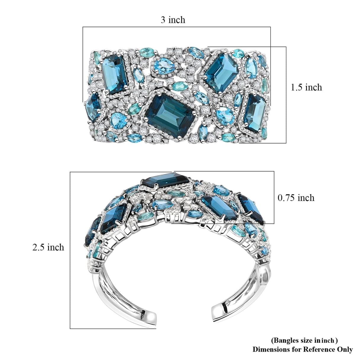 STS Closeout London Blue Topaz and Multi Gemstone 62.95 ctw Cuff Bracelet in Platinum Over Sterling Silver 6.75 Inch image number 3