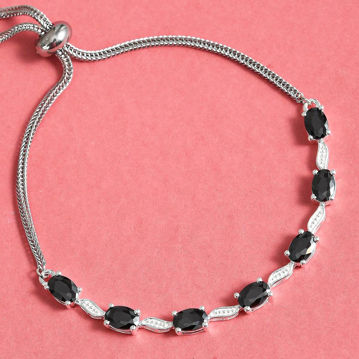 Simulated Black Diamond Bracelet in Sterling Silver and Stainless Steel, Adjustable Black Bracelet For Women, Unique Birthday Gifts 4.80 ctw image number 1