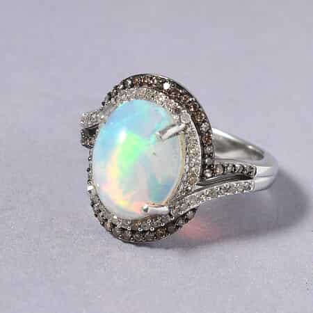 Premium Ethiopian Welo Opal, Natural Champagne and White Diamond Ring (Size 7.0) in Platinum Over Sterling Silver 3.80 ctw image number 1