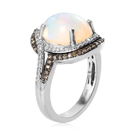 Premium Ethiopian Welo Opal, Natural Champagne and White Diamond Ring (Size 7.0) in Platinum Over Sterling Silver 3.80 ctw image number 3