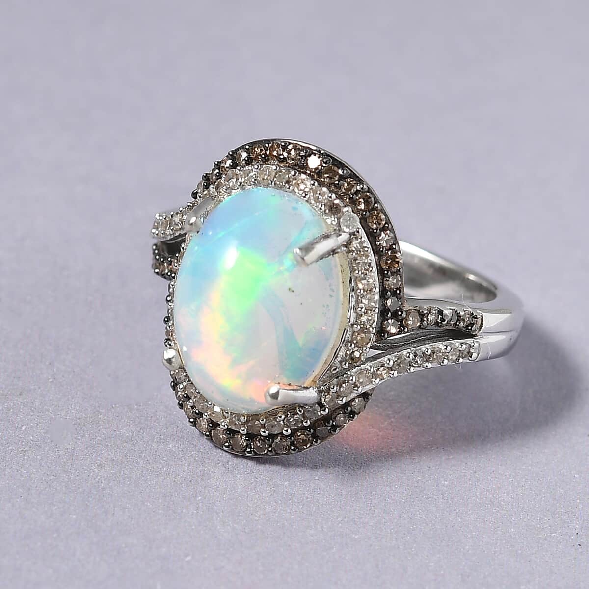 Premium Ethiopian Welo Opal, Natural Champagne and White Diamond Ring (Size 9.0) in Platinum Over Sterling Silver 3.80 ctw image number 1