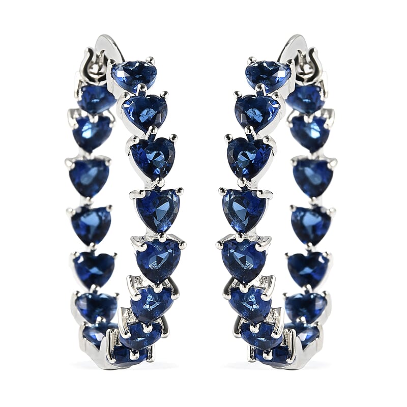 Simulated Blue Spinel Earrings in Silvertone, Inside Out Hoops, Simulated Diamond Jewelry For Women