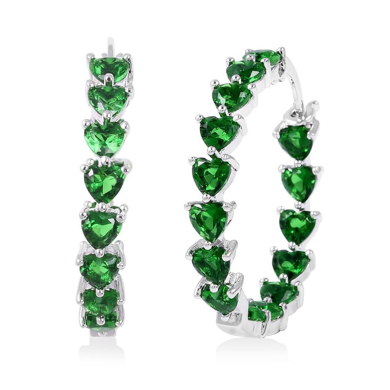 Simulated Green Diamond Earrings in Silvertone, Inside Out Hoops, Simulated Diamond Jewelry For Women