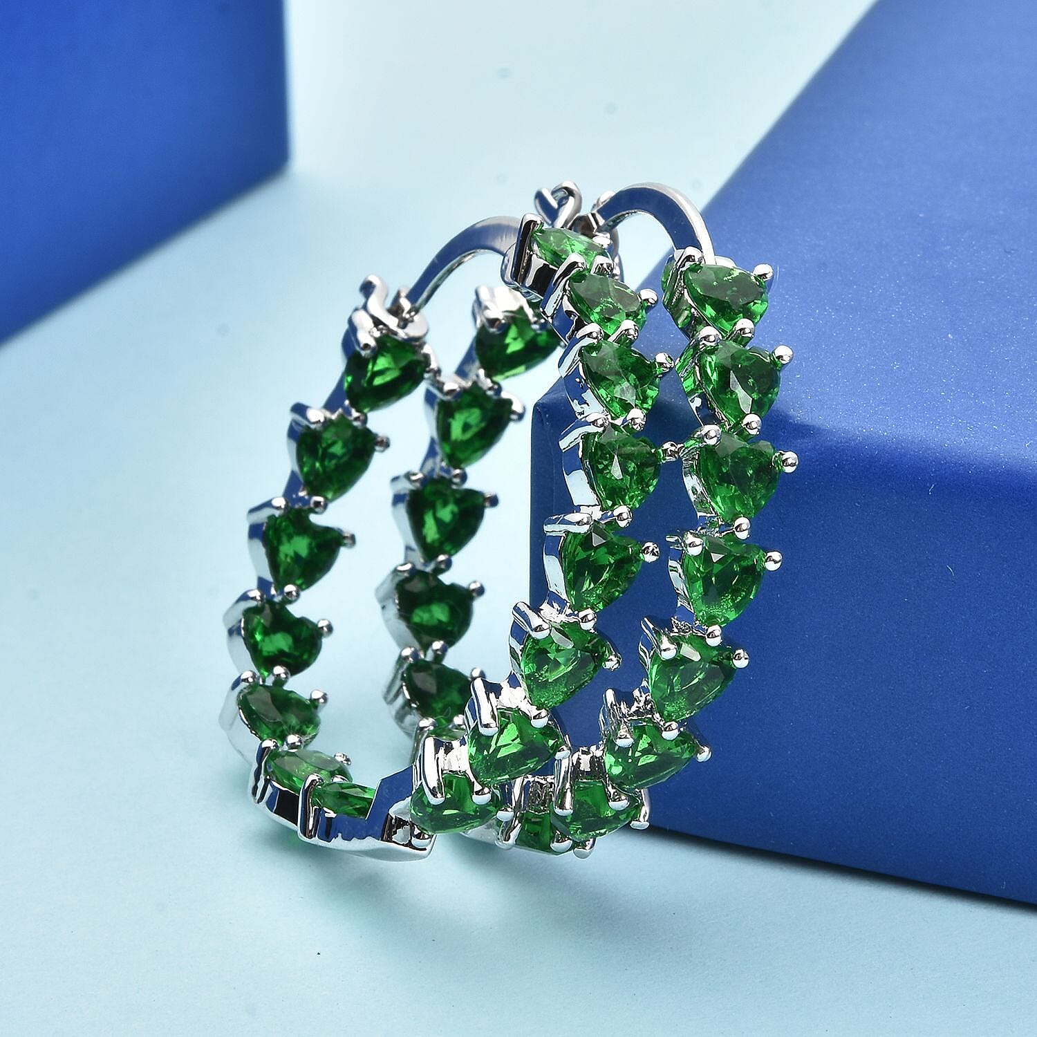 Simulated Green Diamond Earrings in Silvertone, Inside Out Hoops, Simulated Diamond Jewelry For Women