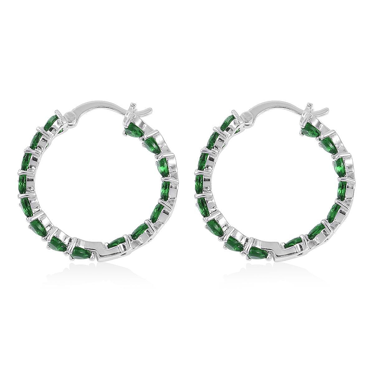 Simulated Green Diamond Earrings in Silvertone, Inside Out Hoops, Simulated Diamond Jewelry For Women