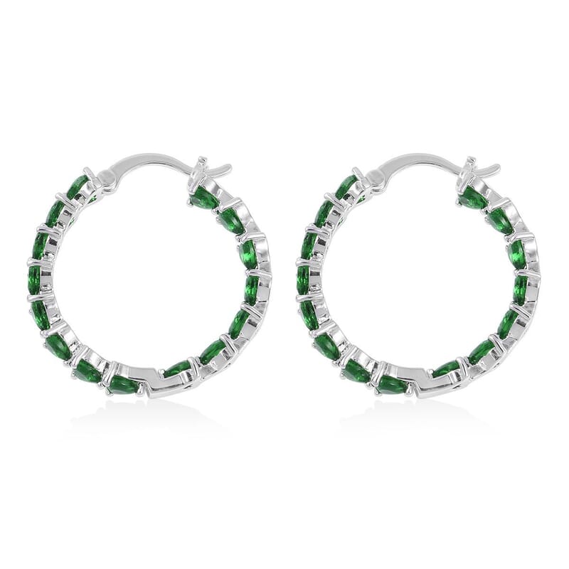 Simulated Green Diamond Earrings in Silvertone, Inside Out Hoops, Simulated Diamond Jewelry For Women