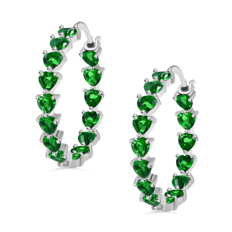 Simulated Green Diamond Earrings in Silvertone, Inside Out Hoops, Simulated Diamond Jewelry For Women