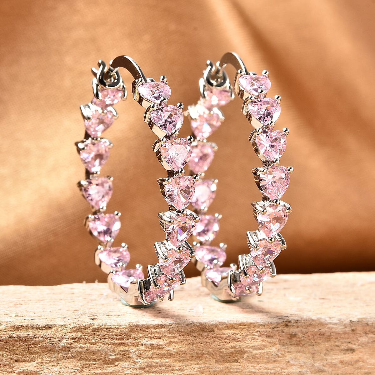 Simulated Pink Diamond Earrings in Silvertone, Inside Out Hoops, Simulated Diamond Jewelry For Women image number 1
