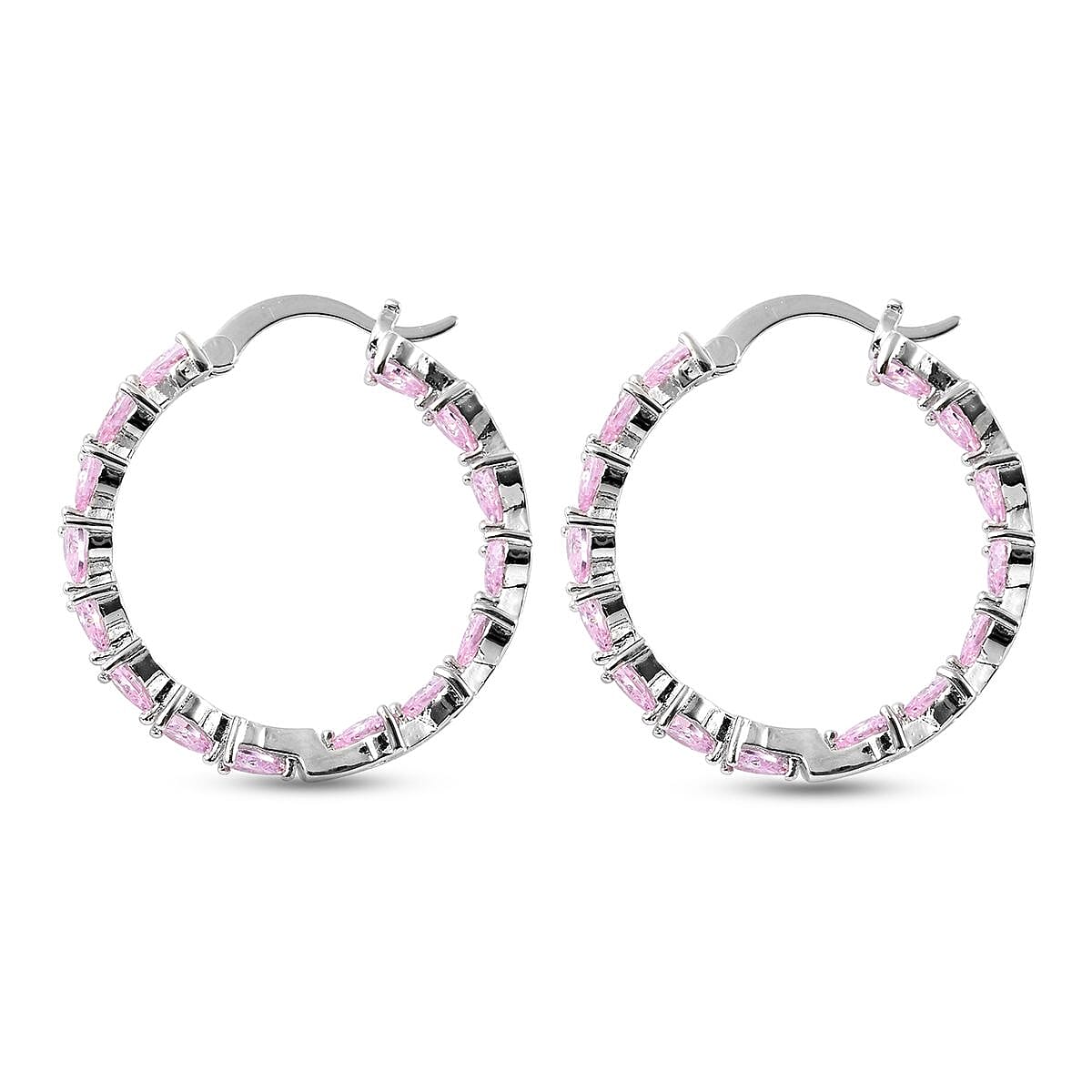 Simulated Pink Diamond Earrings in Silvertone, Inside Out Hoops, Simulated Diamond Jewelry For Women image number 3