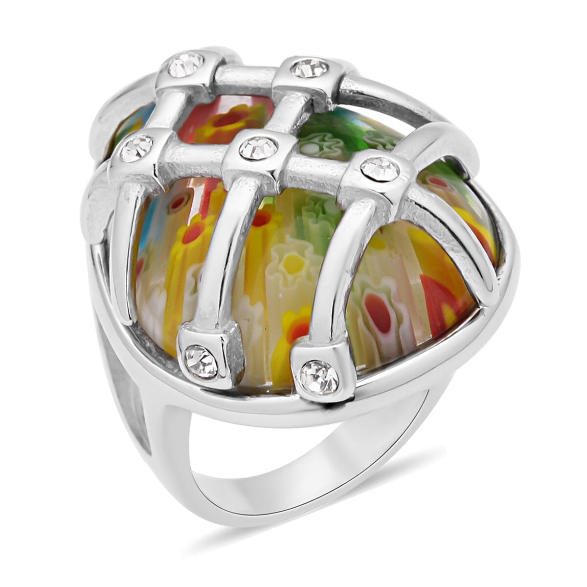 Multi Color Murano Style and Austrian Crystal Ring in Stainless Steel image number 0