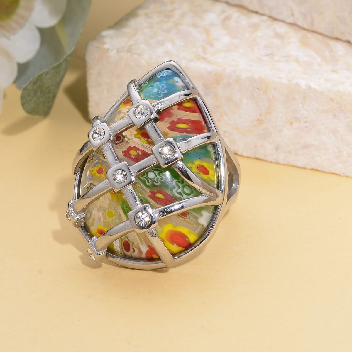 Multi Color Murano Style and Austrian Crystal Ring in Stainless Steel image number 1
