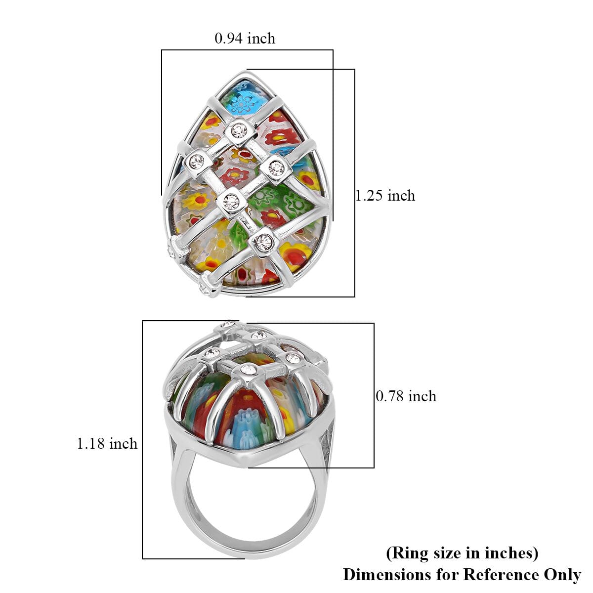 Multi Color Murano Style and Austrian Crystal Ring in Stainless Steel image number 5