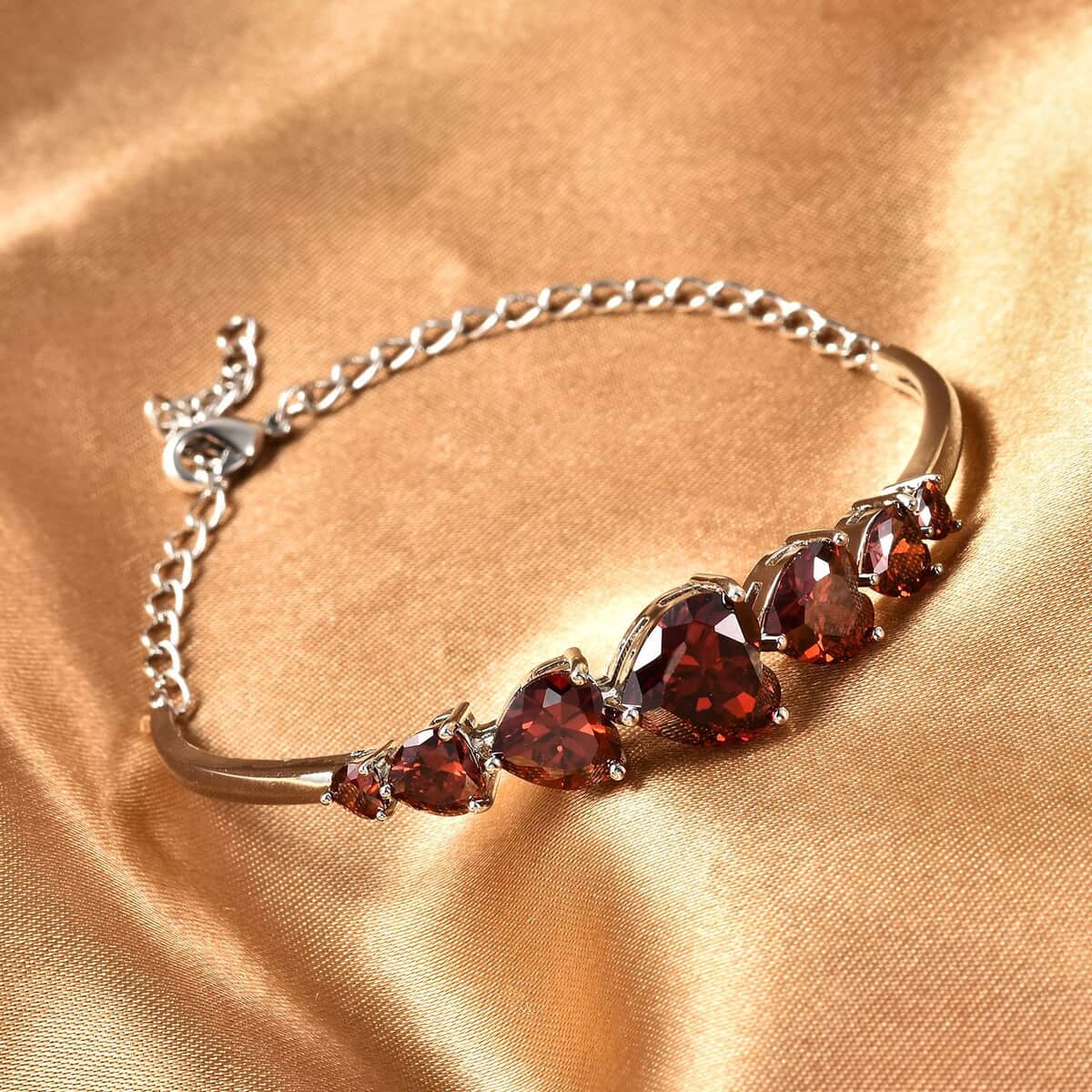 Simulated Red Diamond Bracelet in Silvertone, Diamond Heart Bracelet (6.5-8In) 11.10 ctw image number 1