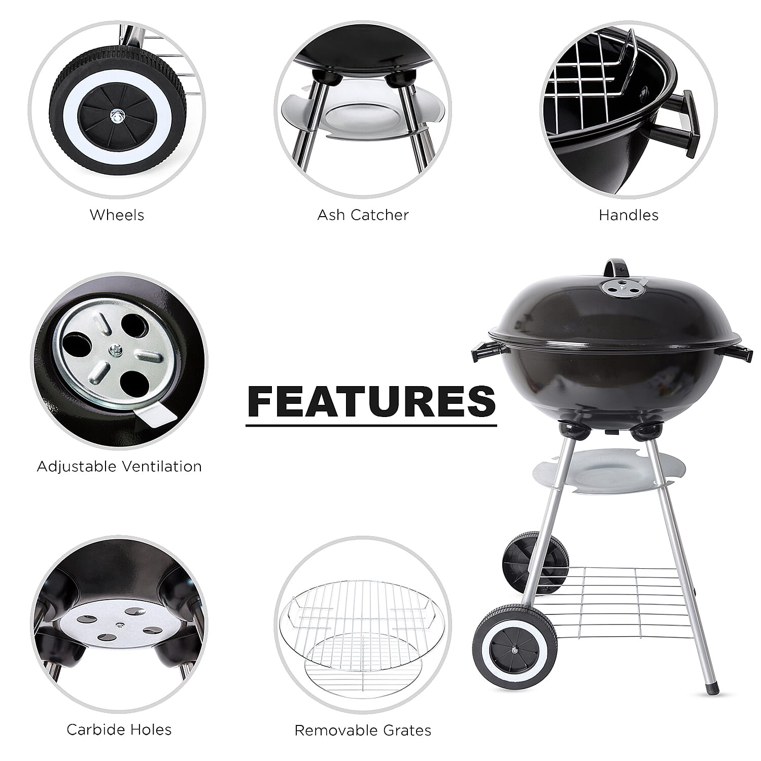 Black Charcoal BBQ Grill with Bottom Storage Shelf
