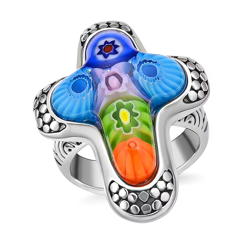Multi Color Murano Style Cross Ring in Black Oxidized Stainless Steel (Size 6.0)