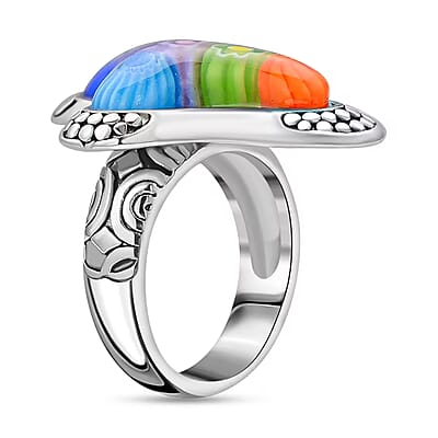 Multi Color Murano Style Cross Ring in Black Oxidized Stainless Steel (Size 6.0)