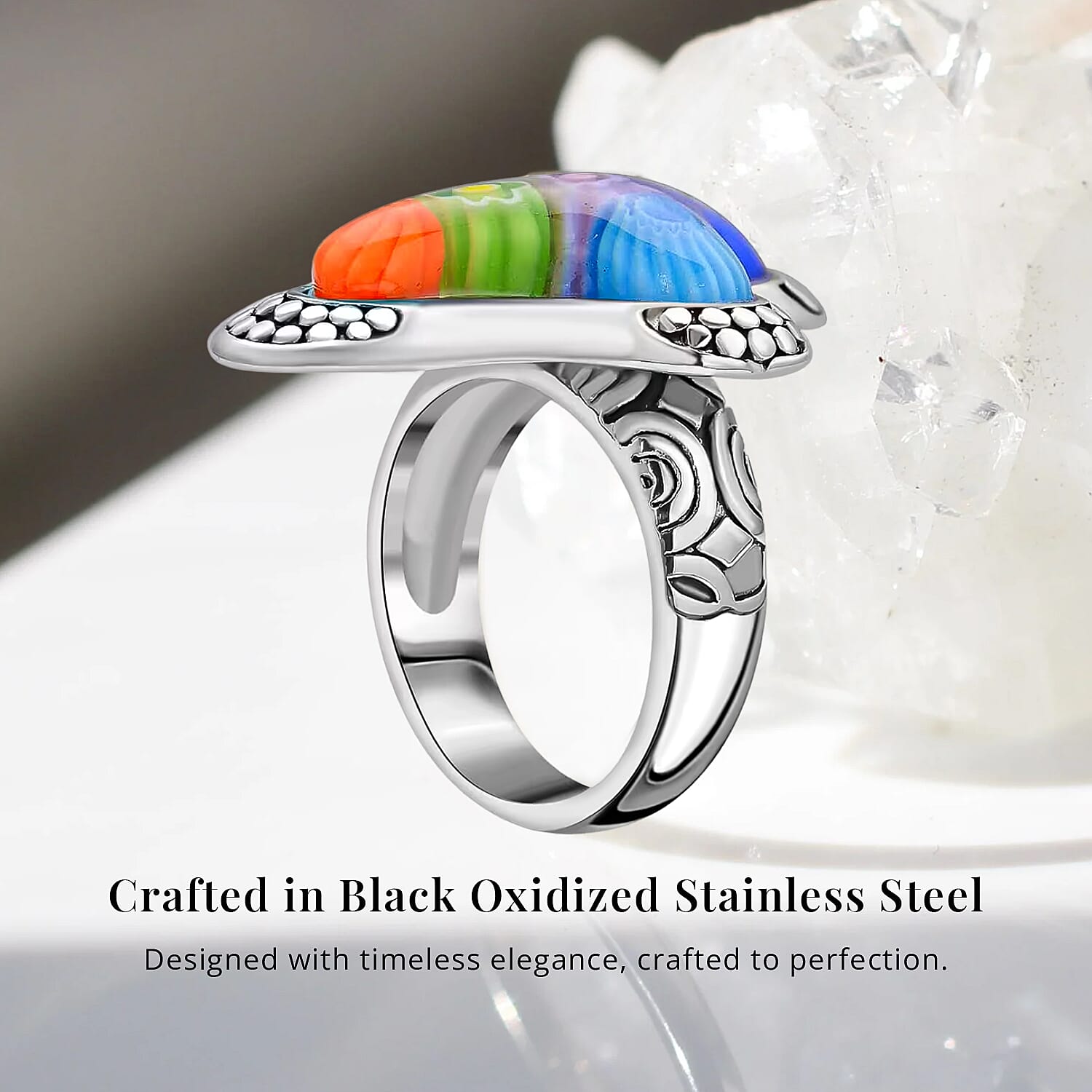Buy Multi Color Murano Style Cross Ring in Black Oxidized