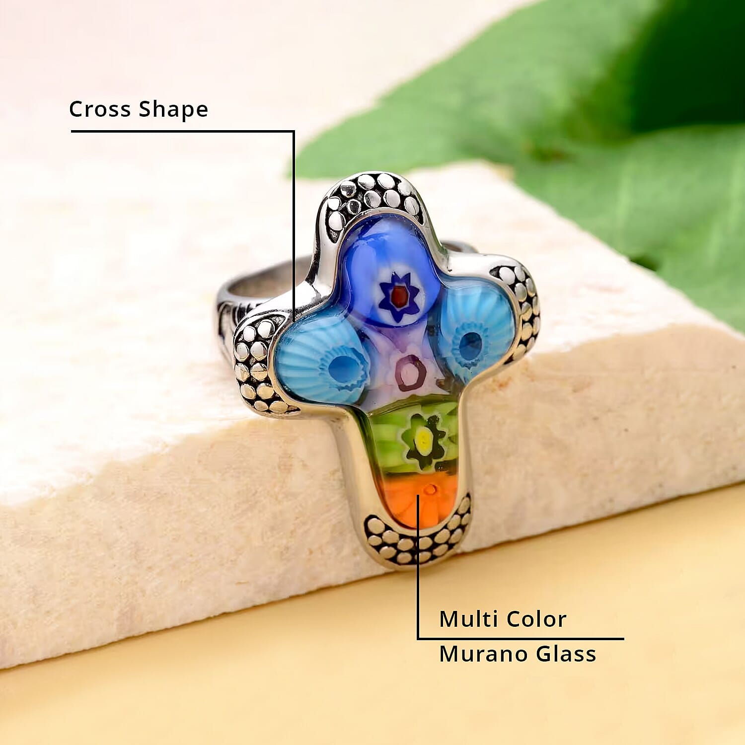 Buy Multi Color Murano Style Cross Ring in Black Oxidized