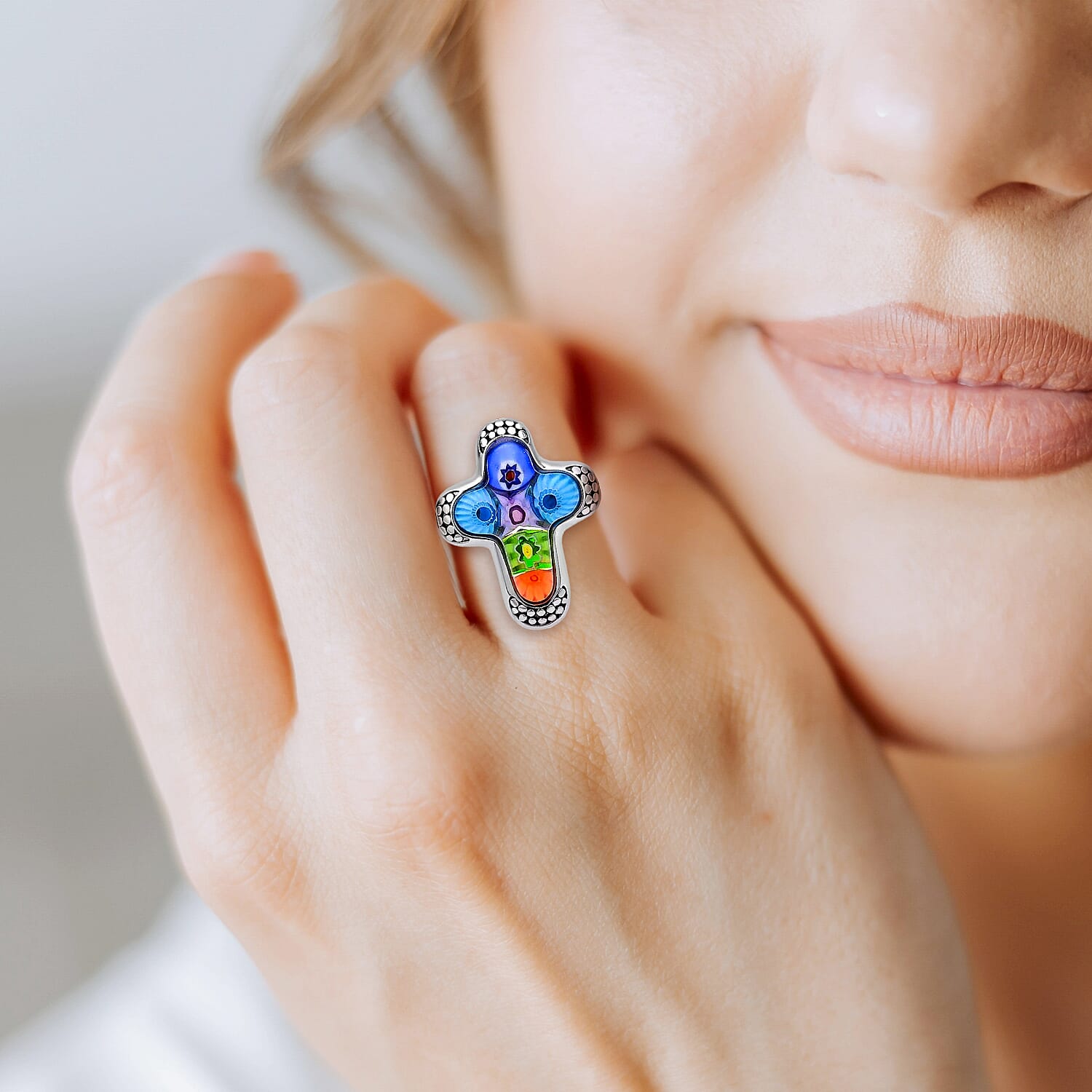 Buy Multi Color Murano Style Cross Ring in Black Oxidized