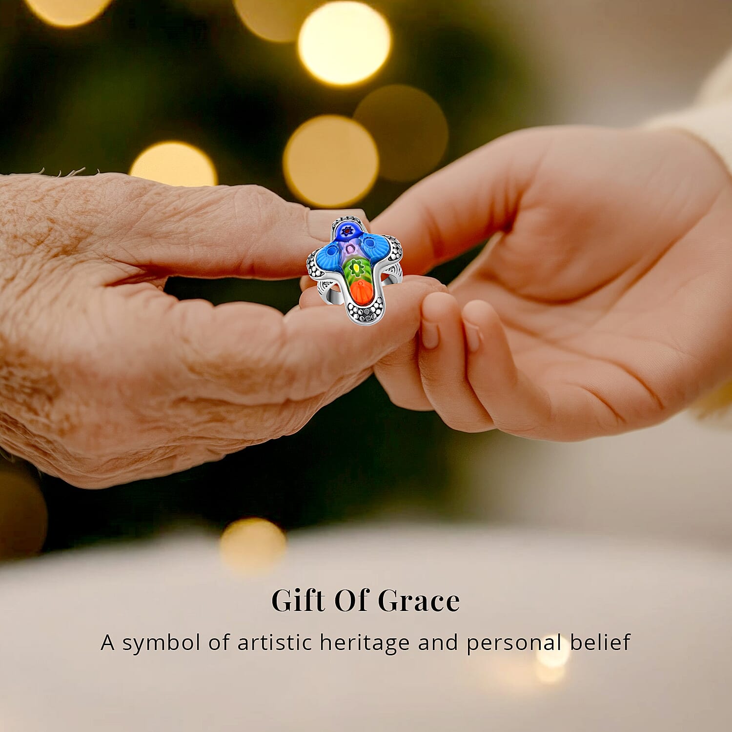 Buy Multi Color Murano Style Cross Ring in Black Oxidized