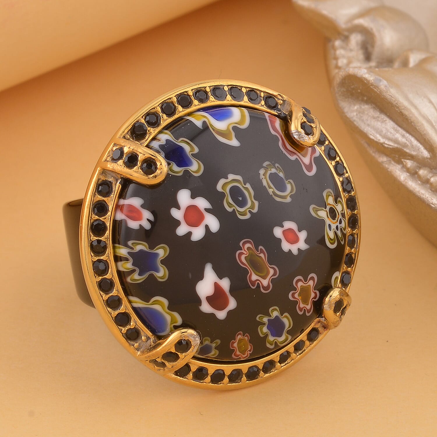Black Murano Style and Black Austrian Crystal Ring in ION Plated Yellow Gold and Black Stainless Steel (Size 6.0)