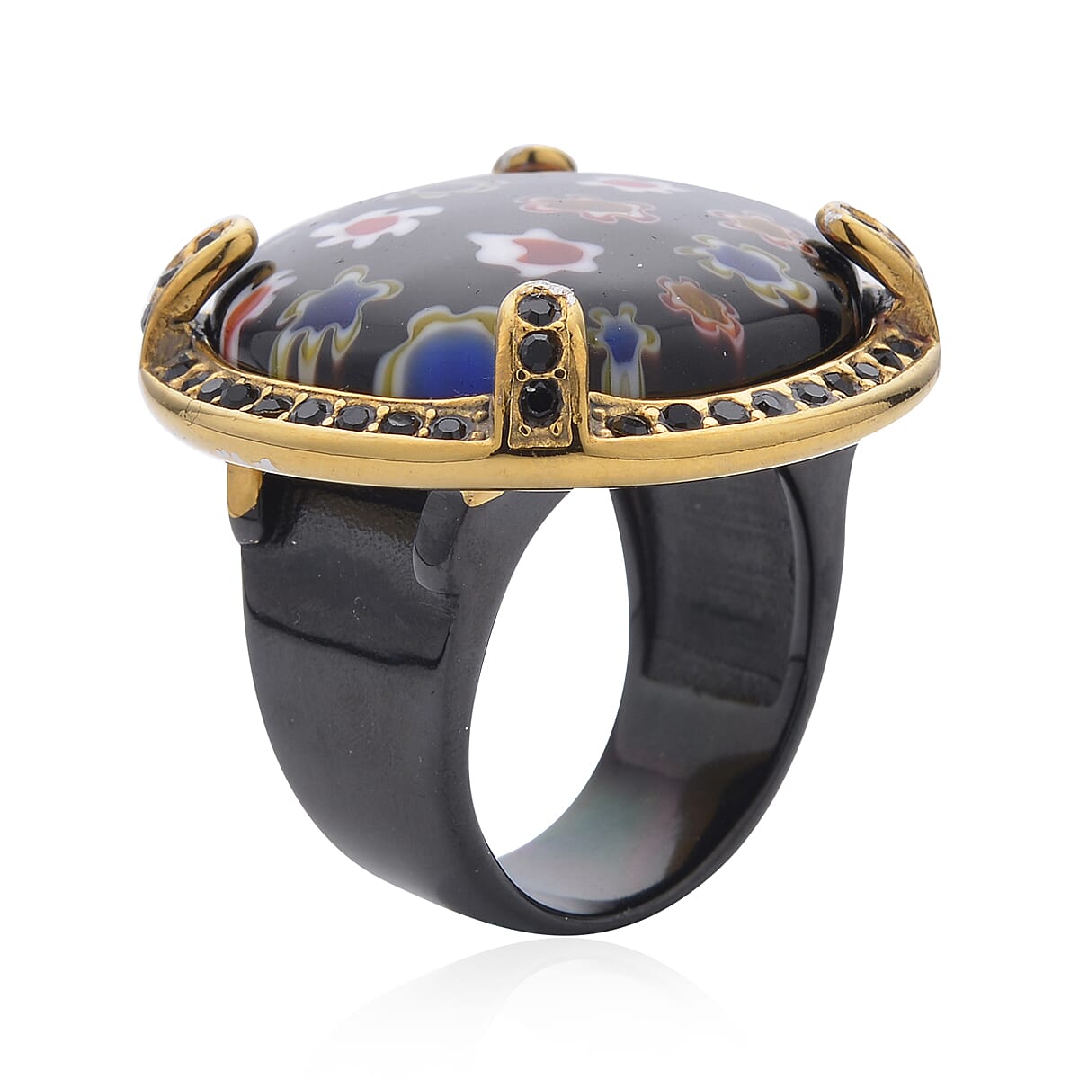 Black Murano Style and Black Austrian Crystal Ring in ION Plated Yellow Gold and Black Stainless Steel (Size 6.0)