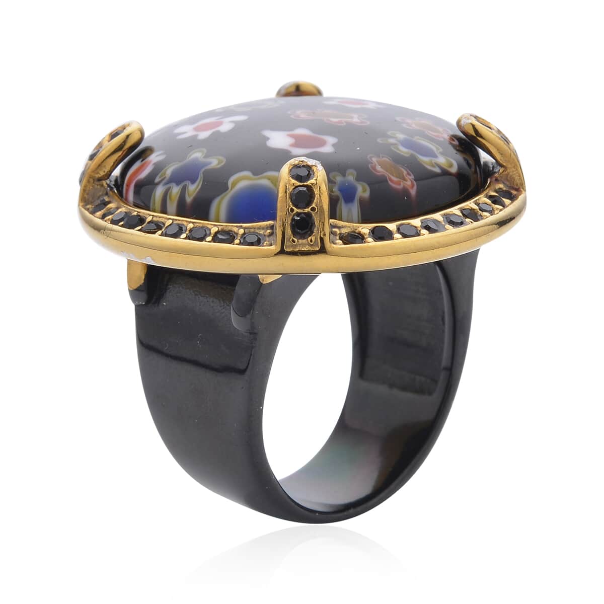 Black Murano Style and Black Austrian Crystal Ring in ION Plated Yellow Gold and Black Stainless Steel image number 3