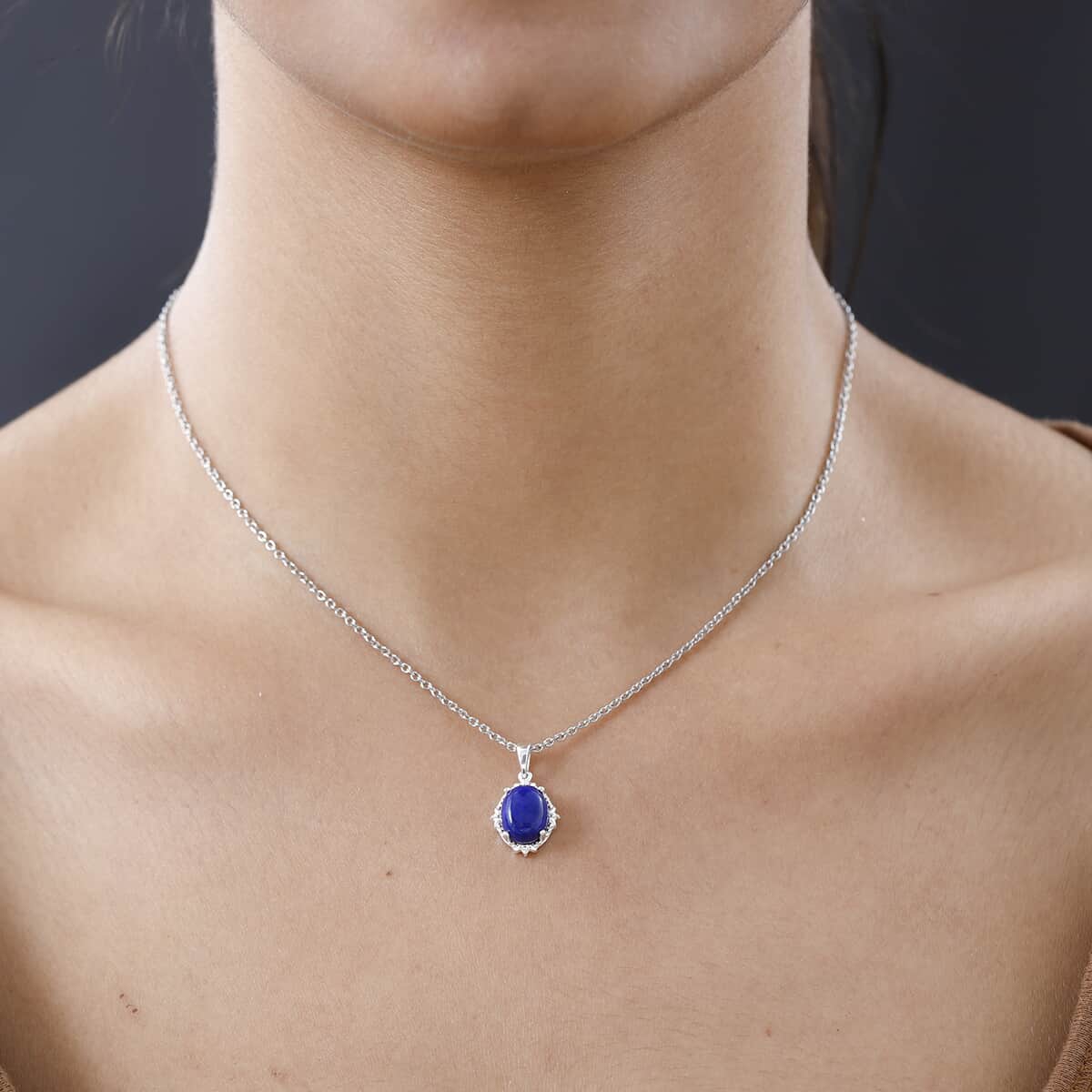 Lapis Lazuli Solitaire Pendant in Sterling Silver with Stainless Steel Necklace 20 Inches 3.40 ctw image number 2