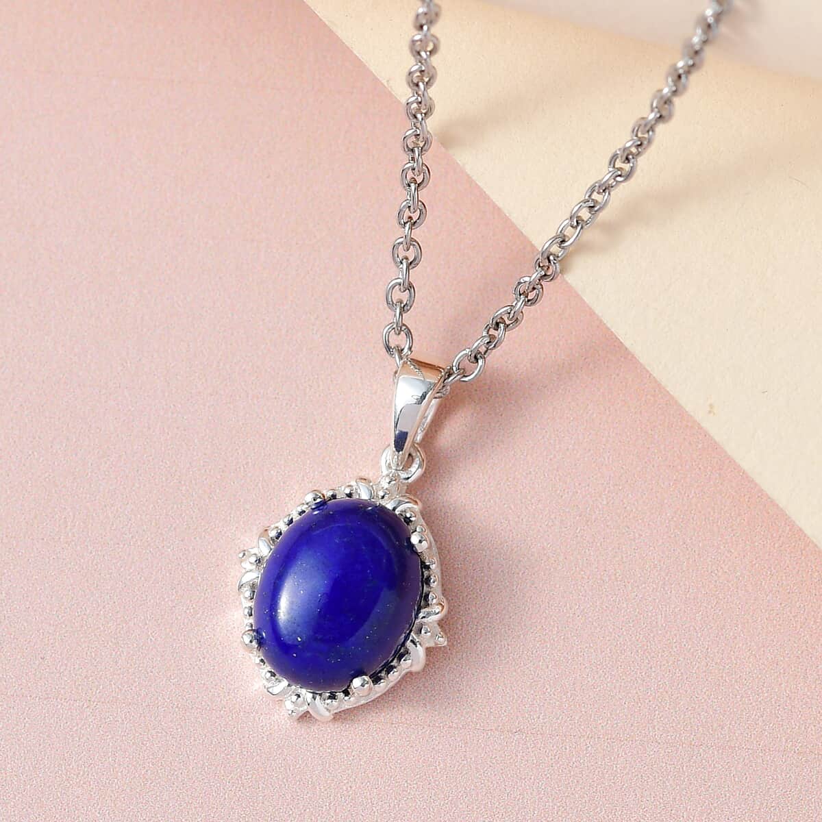 Lapis Lazuli Solitaire Pendant in Sterling Silver with Stainless Steel Necklace 20 Inches 3.40 ctw image number 3